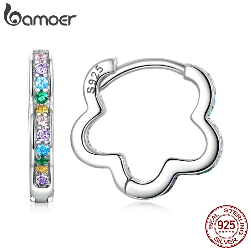 925 Silver Flower Ear Buckles Rainbow Zircon Earrings