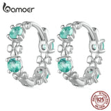 925 Silver Clover Hoop Earrings Red Crystal Zircon Women Jewelry Gift