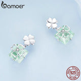 925 Silver Clover Stud Earrings Green Square Glass Earrings Gift