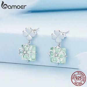 925 Silver Clover Stud Earrings Green Square Glass Earrings Gift