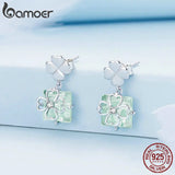925 Silver Clover Stud Earrings Green Square Glass Earrings Gift