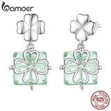 925 Silver Clover Stud Earrings Green Square Glass Earrings Gift