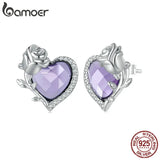 925 Silver Rose Stud Earrings Pink Heart Ear Studs BSE696