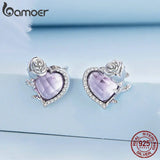 925 Silver Rose Stud Earrings Pink Heart Ear Studs BSE696