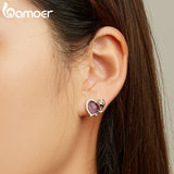 925 Silver Rose Stud Earrings Pink Heart Ear Studs BSE696