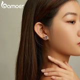 925 Silver Rose Stud Earrings Pink Heart Ear Studs BSE696