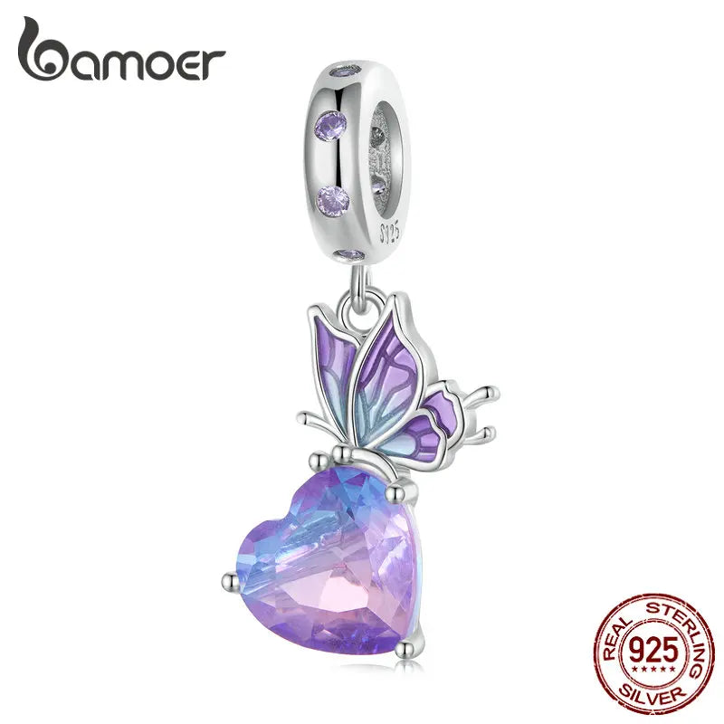 925 Sterling Silver Gradient Purple Butterfly Hanging Bead Heart Pendant Charms