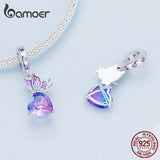 925 Sterling Silver Gradient Purple Butterfly Hanging Bead Heart Pendant Charms