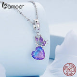 925 Sterling Silver Gradient Purple Butterfly Hanging Bead Heart Pendant Charms