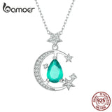 925 Silver Green Gemstone Necklace Moon Star Chain Anniversary Party Jewelry