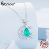 925 Silver Green Gemstone Necklace Moon Star Chain Anniversary Party Jewelry