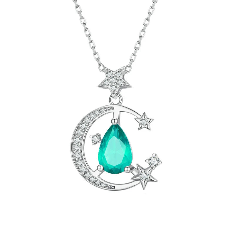 925 Silver Green Gemstone Necklace Moon Star Chain Anniversary Party Jewelry