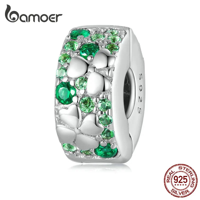925 Silver Green Zircon Four-leaf-clover Beads Charm