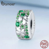 925 Silver Green Zircon Four-leaf-clover Beads Charm