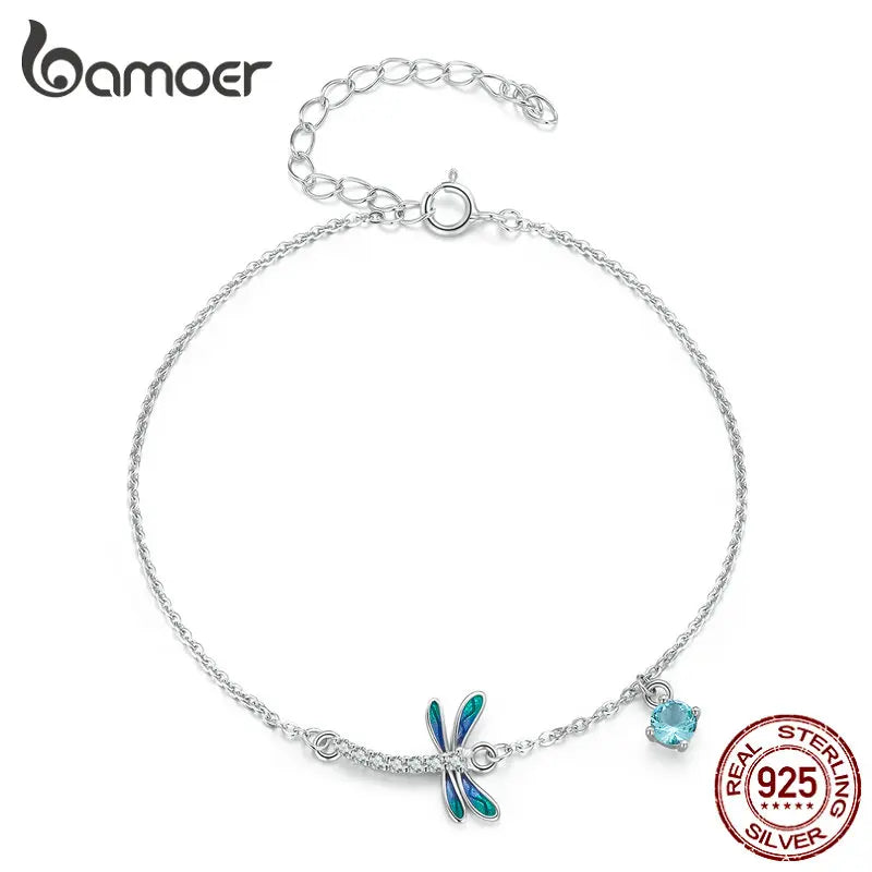 925 Silver Green Enamel Dragonfly Bracelet Women CZ Fine Jewelry