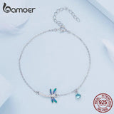 925 Silver Green Enamel Dragonfly Bracelet Women CZ Fine Jewelry