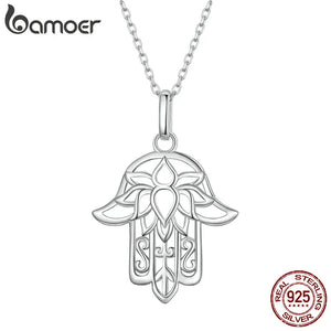 925 Silver Fatima's Hand Pendant Necklace Flower Pattern Platinum Plated