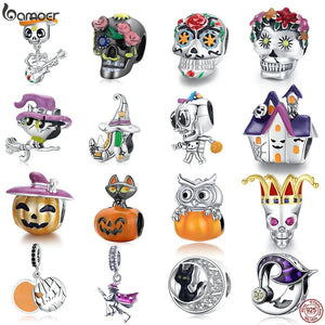 925 Silver Halloween Skeleton Skull Charm Beads Pendant Enamel Witch Jewelry