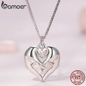 925 Silver Baby Footprint Pendant Necklace Heart Zircon Chain