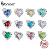 925 Silver Heart Birthstone Beads Charms Multi-color Zircon Pendants