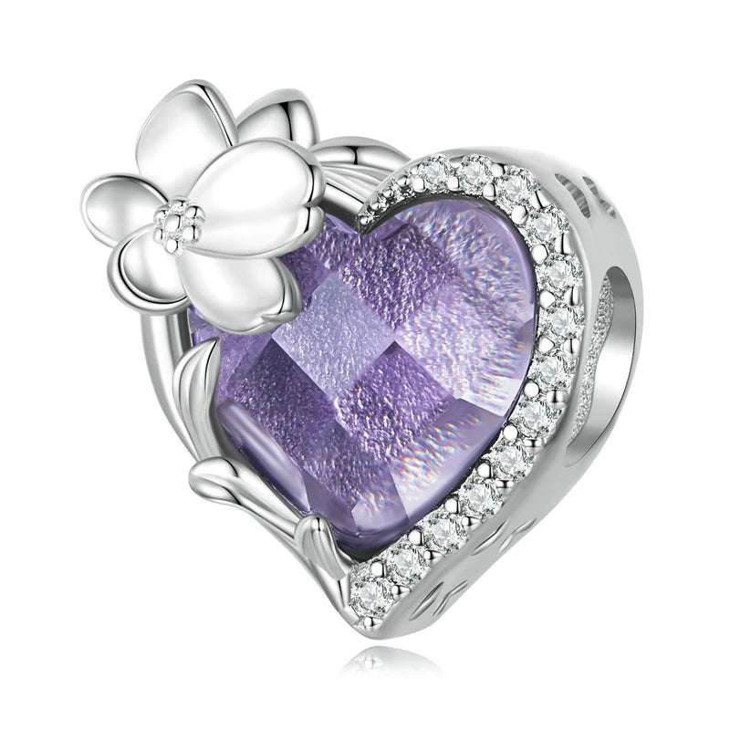 925 Silver Heart Birthstone Beads Charms Multi-color Zircon Pendants