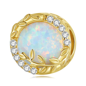 925 Silver Heart Leaf Opal Charm Bead for Bracelet Necklace CZ Pendant