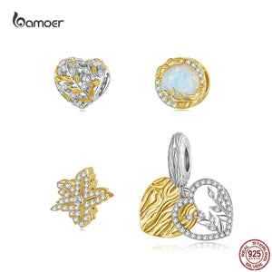 925 Silver Heart Leaf Opal Charm Bead for Bracelet Necklace CZ Pendant