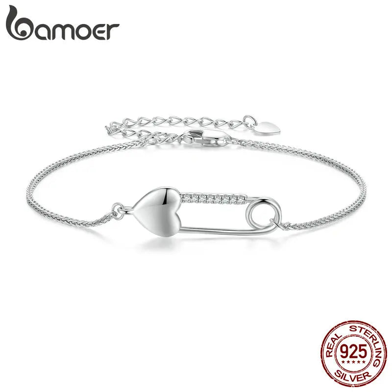 925 Silver Heart Button Pin Bracelet CZ Pave Snake Chain Fine Jewelry