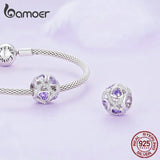 925 Silver Infinite Love Bead Purple Heart Zircon Charms Bracelet Bangle