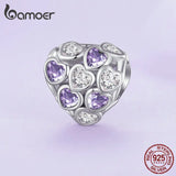 925 Silver Infinite Love Bead Purple Heart Zircon Charms Bracelet Bangle