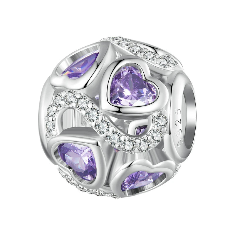 925 Silver Infinite Love Bead Purple Heart Zircon Charms Bracelet Bangle