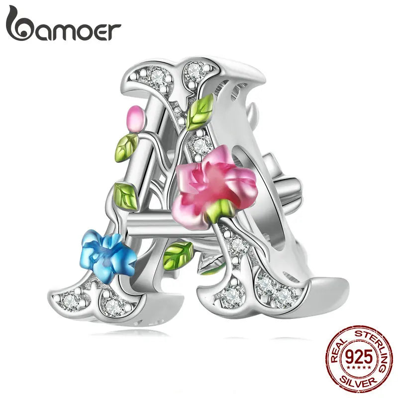925 Silver Letter A Charm for Bracelet Bangle Vintage Flower Charms