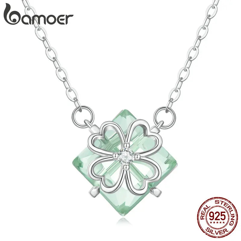 925 Silver Light Green Four-leaf Clover Pendant Necklace