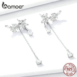 925 Silver Tassel Drop Earrings Flower Zircon Dangle Earrings