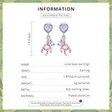 925 Silver Love Bear Stud Earrings Pink Pendant Drop Shining Heart Jewelry