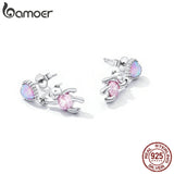 925 Silver Love Bear Stud Earrings Pink Pendant Drop Shining Heart Jewelry