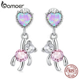 925 Silver Love Bear Stud Earrings Pink Pendant Drop Shining Heart Jewelry