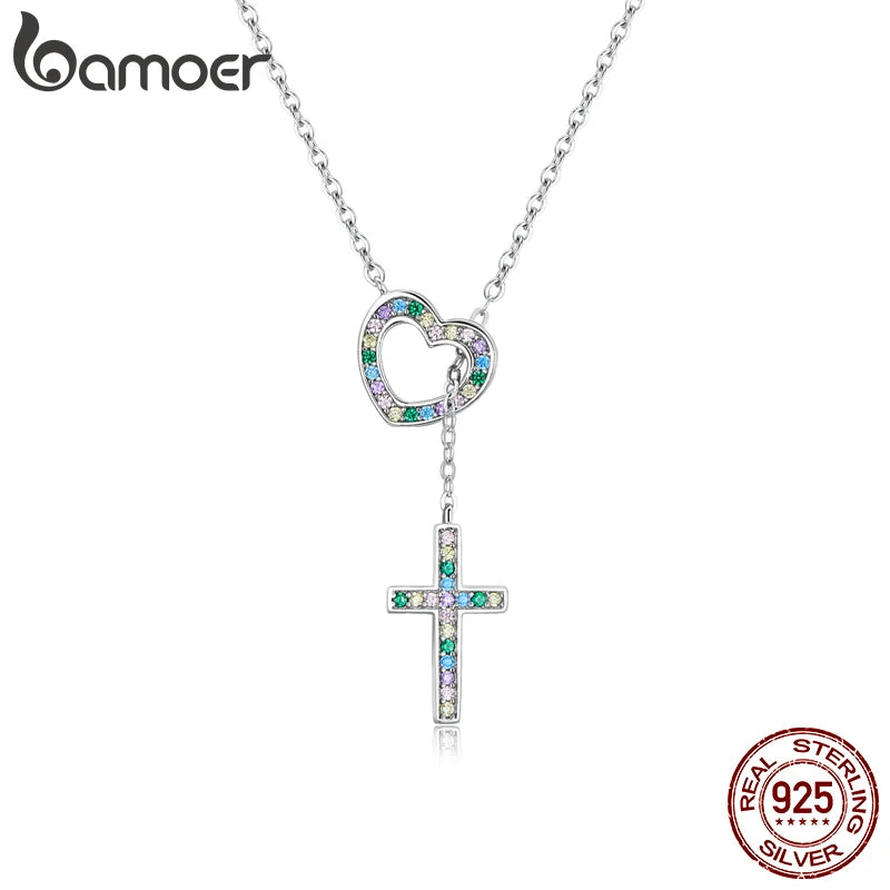 925 Silver Love & Cross Pendant Necklace Zircon Lock Chain Choker