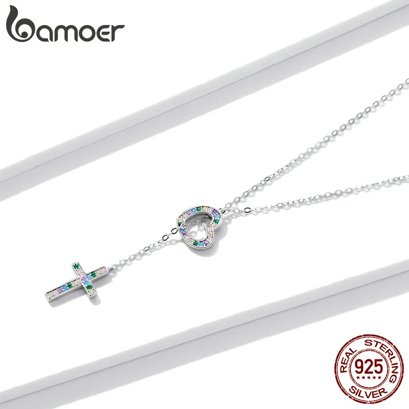 925 Silver Love & Cross Pendant Necklace Zircon Lock Chain Choker