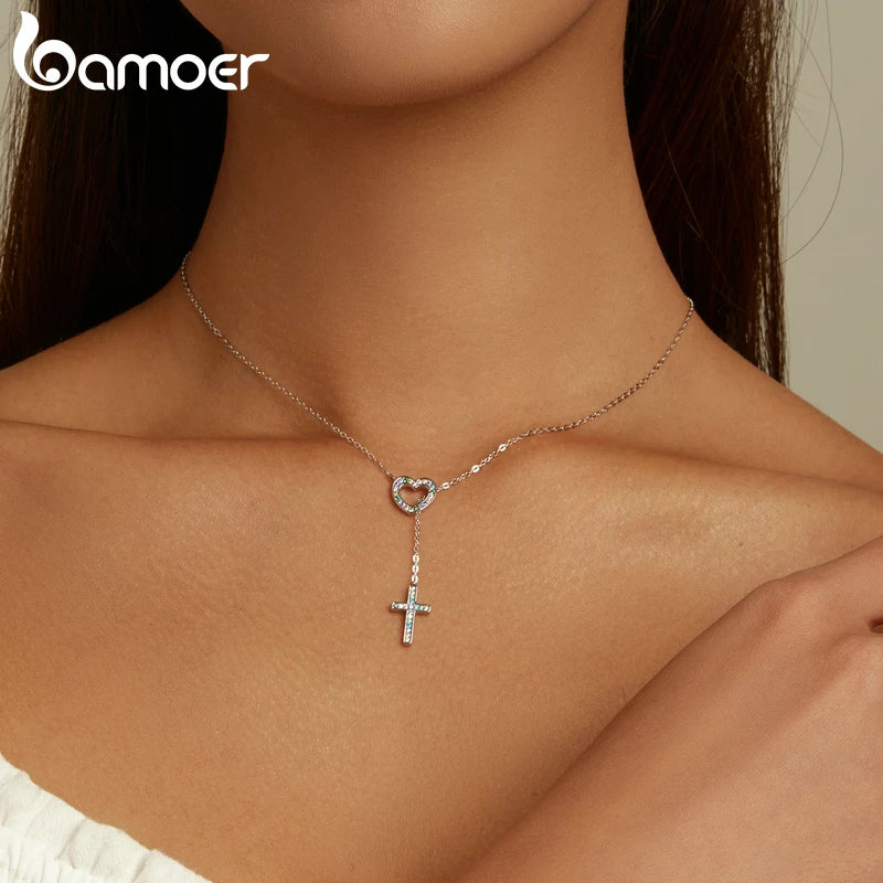 925 Silver Love & Cross Pendant Necklace Zircon Lock Chain Choker