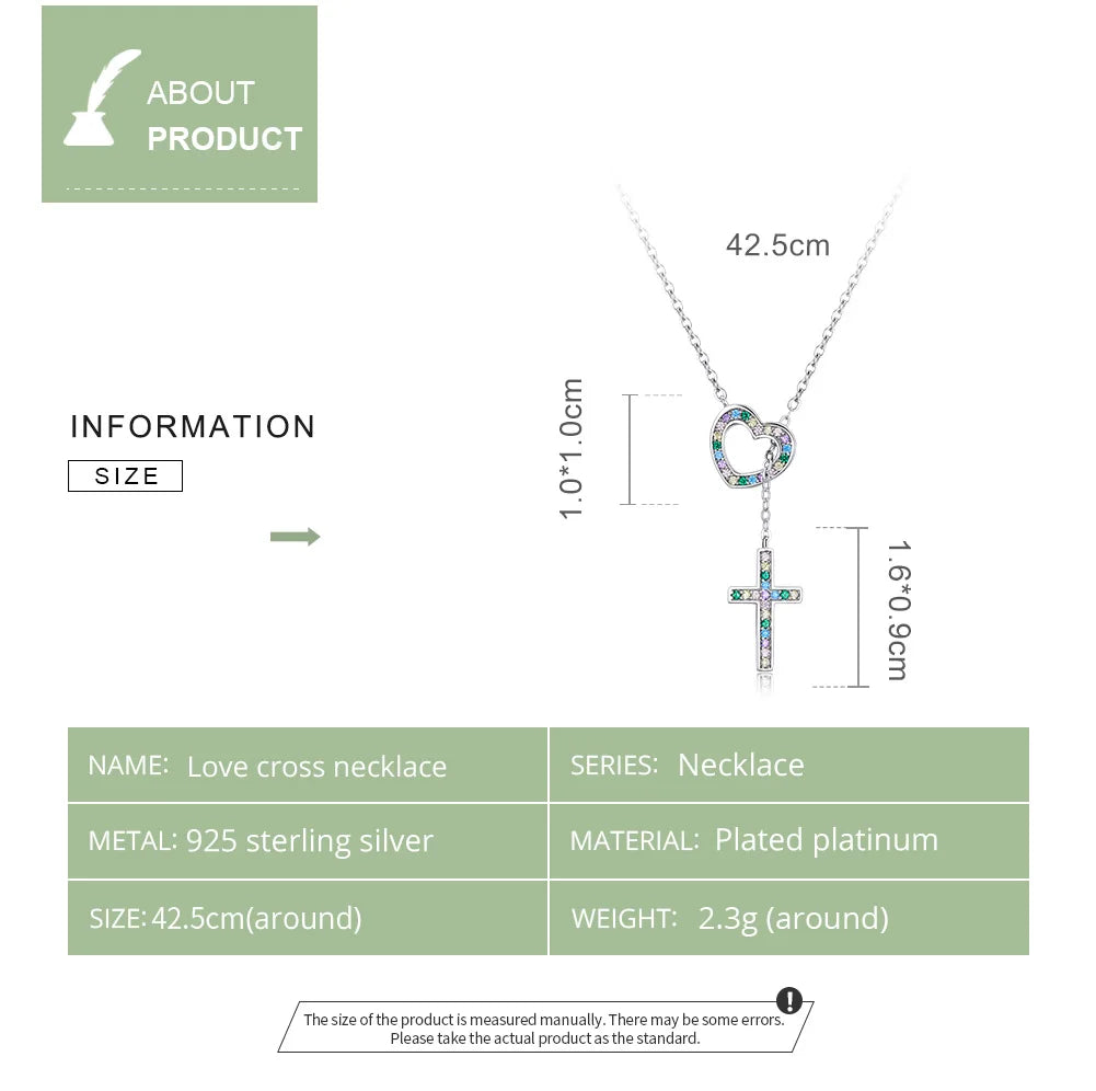 925 Silver Love & Cross Pendant Necklace Zircon Lock Chain Choker