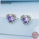 925 Silver Heart Stud Earrings Purple Zircon for Women