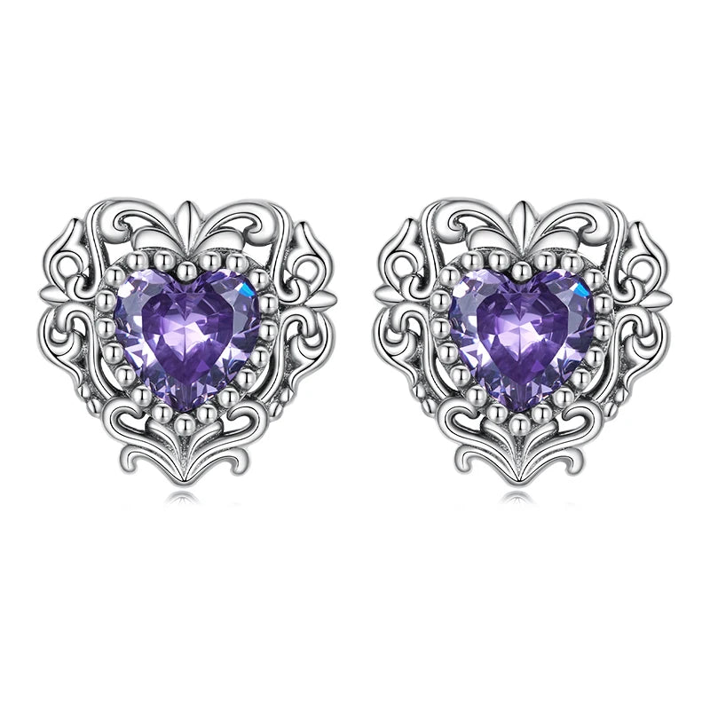 925 Silver Heart Stud Earrings Purple Zircon for Women