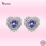 925 Silver Heart Stud Earrings Purple Zircon for Women