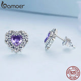 925 Silver Heart Stud Earrings Purple Zircon for Women