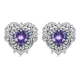925 Silver Heart Stud Earrings Purple Zircon for Women