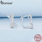 925 Silver Bowknot Hoop Earrings CZ Pave Setting Women's Gift BSE810