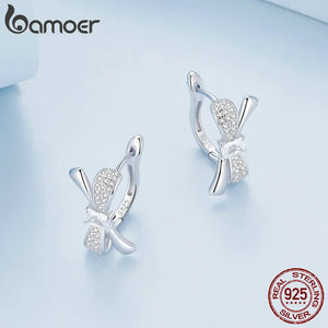 925 Silver Bowknot Hoop Earrings CZ Pave Setting Women's Gift BSE810