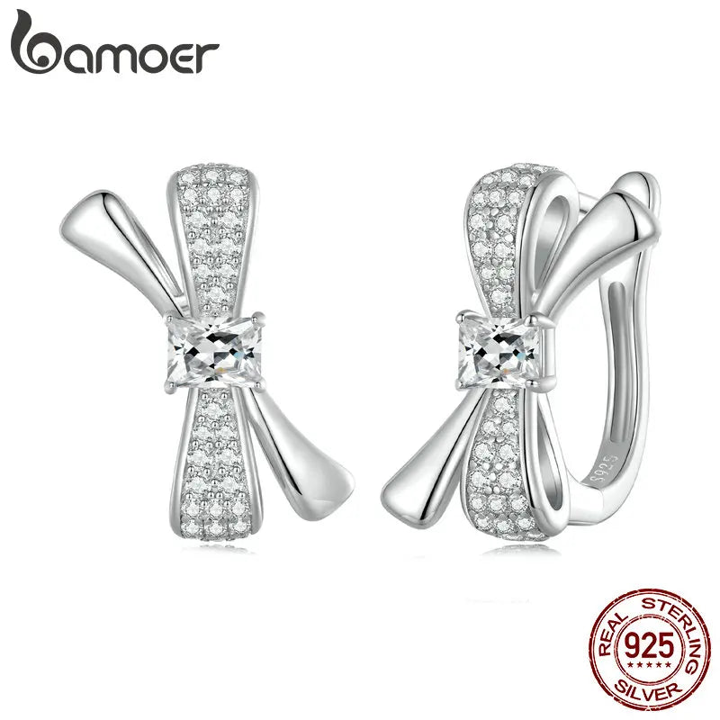 925 Silver Bowknot Hoop Earrings CZ Pave Setting Women's Gift BSE810