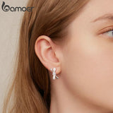 925 Silver Bowknot Hoop Earrings CZ Pave Setting Women's Gift BSE810